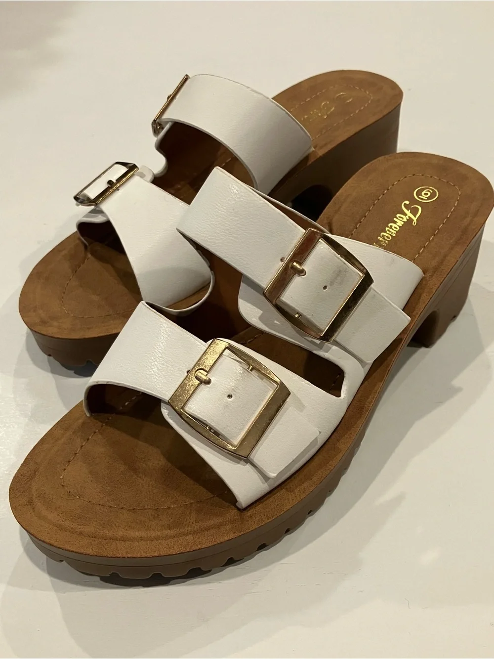 White Buckle-Detail Slide Heels